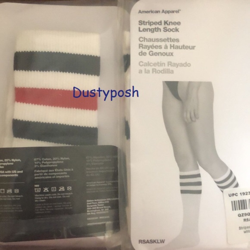 American Apparel Knee High Socks Striped 18” Length White Navy Red Spring Tube